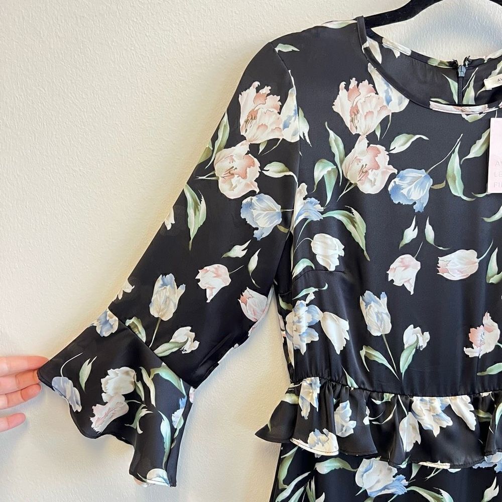 NWT Avec Les Filles Black Floral Print Ruffle A Line Mini Dress Size 6 - Picture 4 of 13